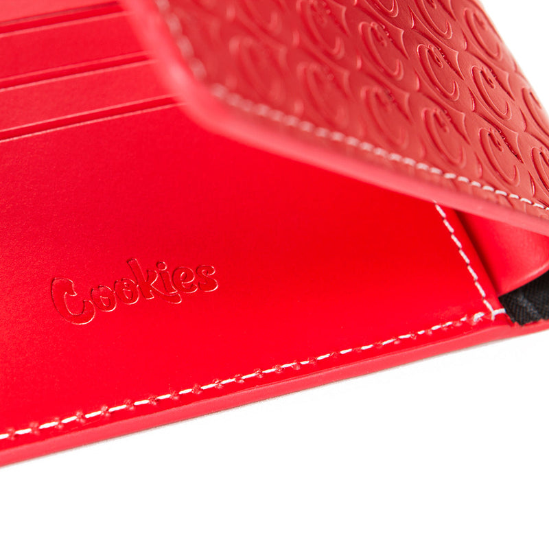 Cookies Leather Monogram Embossed Billfold Wallet in red, third view