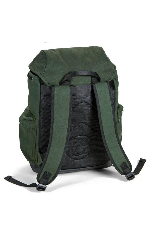 Cookies Rucksack utility backpack in olive — angled view showing compartments