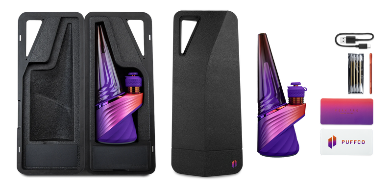 Puffco Peak Pro 3DXL Plasma whats in the box - base, glass top, 3DXL chamber, joystick cap, loading tool, USB-C cable, carry case